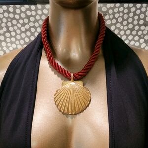 NWT Gold Seashell Pendant Red Silk Rope Bohemian Necklace
